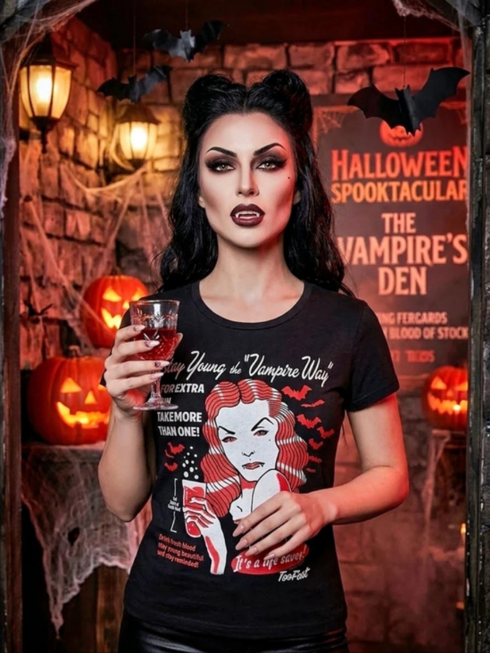 Too Fast Stay Young the Vampire Way T-Shirt in Black & Red Size Large